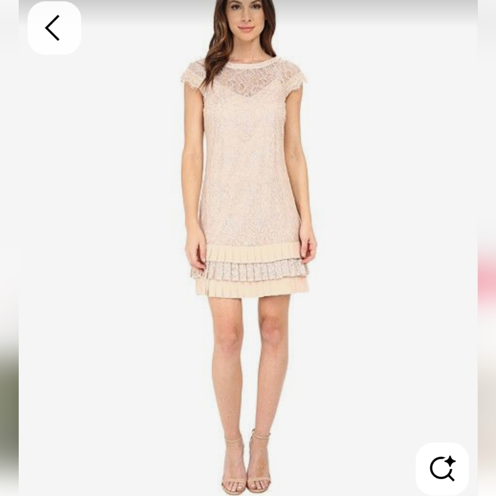 Jessica Simpson Shift Lace Metallic Overlay Tiered Pleated Hem Cocktail Dress 12